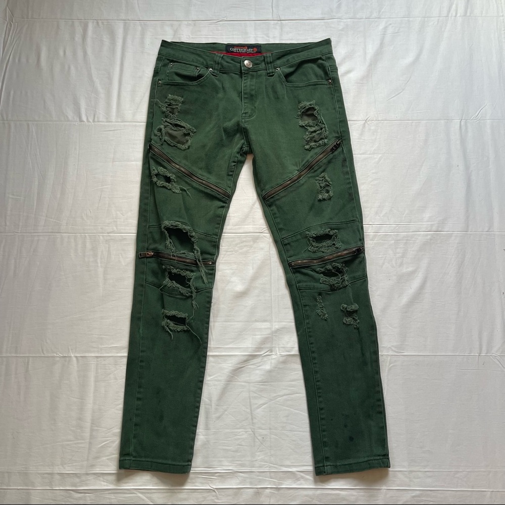 32x32 Copper Rivet Distressed Skinny Jeans Olive Green